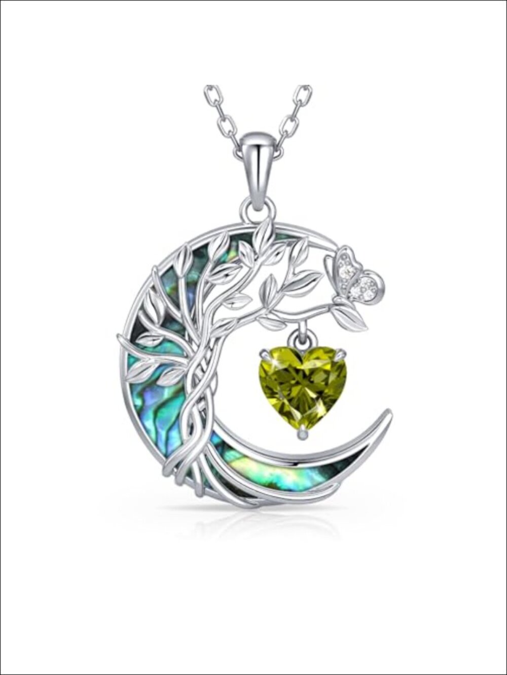 S925 Sterling Silver Tree of Life Birthstone Pendant Necklace Abalone Shell Moon